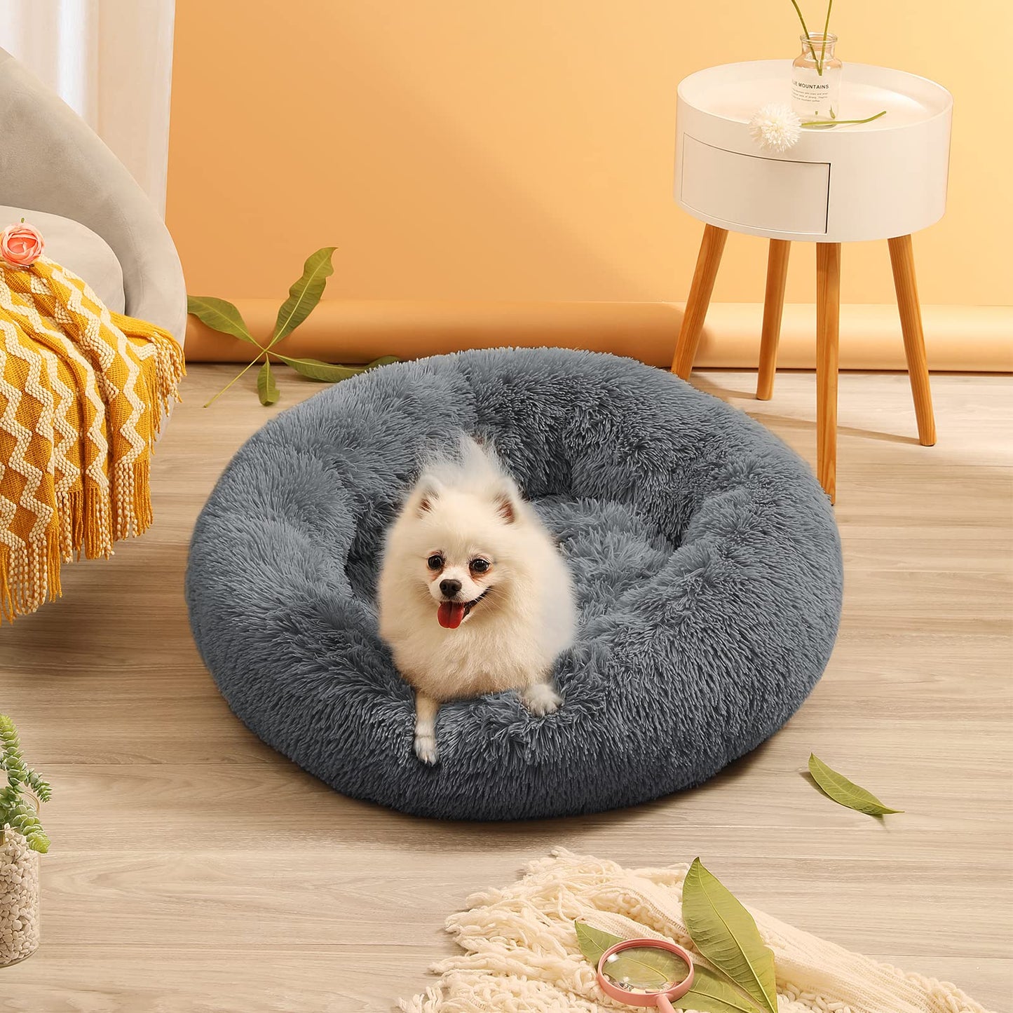 Trelsanopaws Calming Donut Dog Bed - Fluffy Anti-Anxiety Washable Bed for Small & Medium Dogs & Cats (60 x 60 cm, Dark Grey)