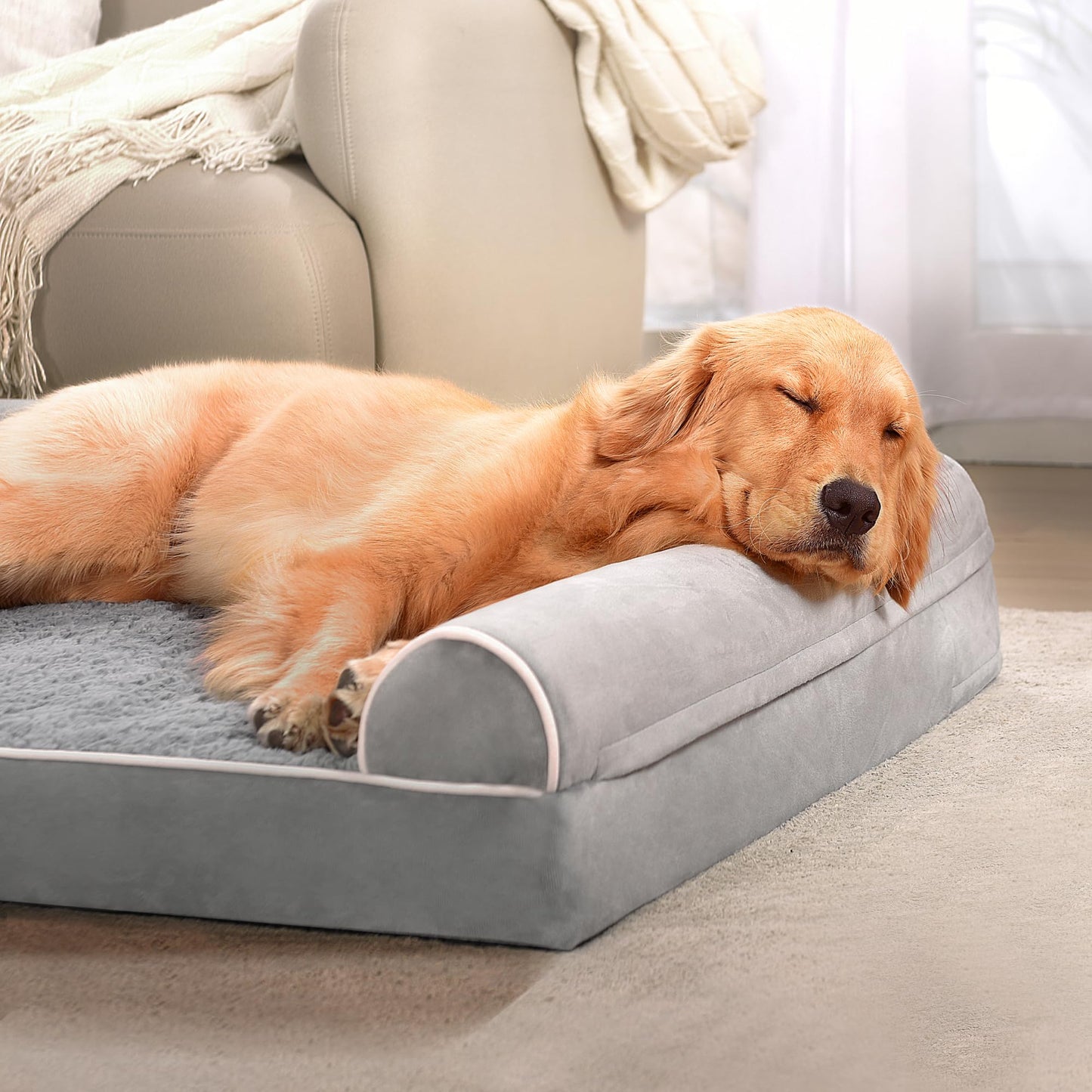 Trelsanopaws Large Orthopedic Dog Bed - Washable with Removable Cover & Waterproof U-Shape Bolster (106 x 76 x 19 cm, Grey)