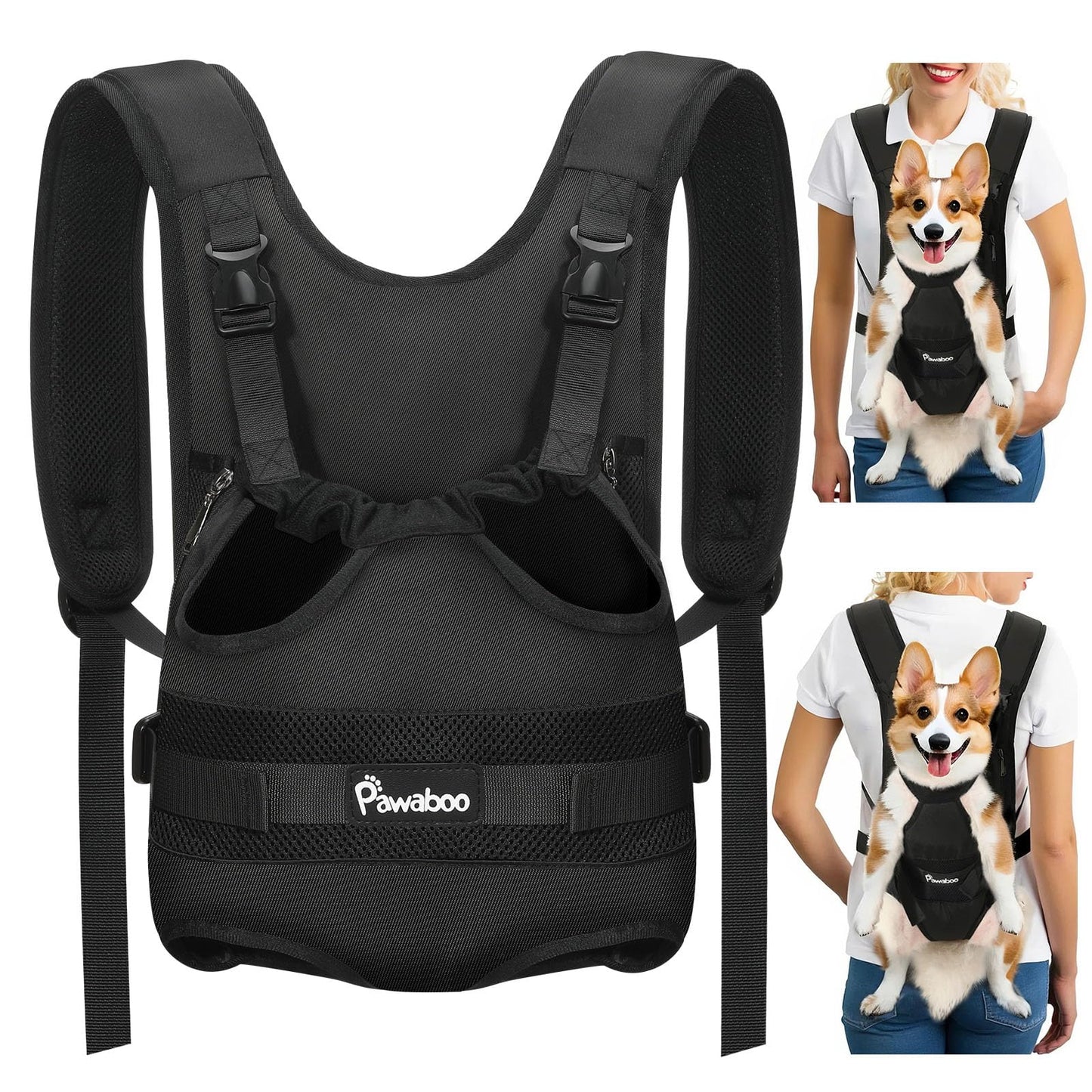 Pawaboo Pet Dog Front Carrier Backpacks, Legs Out Pet Carrier Backpack for Dogs, Adjustable Easy-fit Dog Chest Carriers for Small Medium Dogs Hands Free for Travel Hiking Cycling Camping, XL, Black