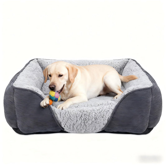Trelsanopaws Large Dog Bed - Super Soft Wool Fleece Sofa Bed with Striped Corduroy Design (76 x 61 x 23 cm)