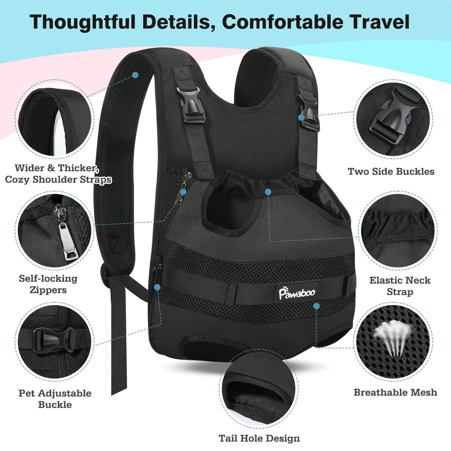 Pawaboo Pet Dog Front Carrier Backpacks, Legs Out Pet Carrier Backpack for Dogs, Adjustable Easy-fit Dog Chest Carriers for Small Medium Dogs Hands Free for Travel Hiking Cycling Camping, XL, Black
