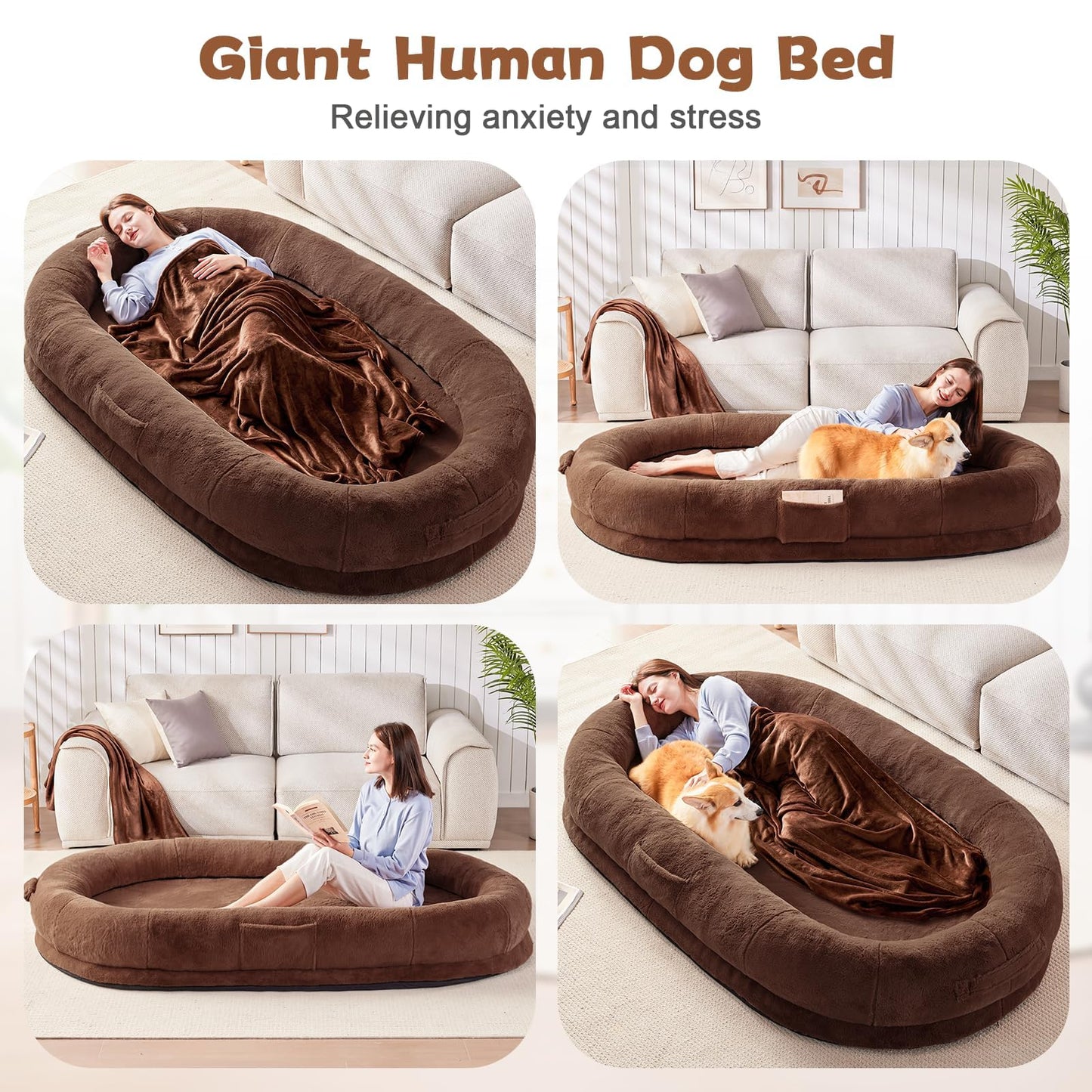 Trelsanopaws Human Dog Bed for Adults - Giant Bean Bag with Blanket, Washable Faux Fur, Memory Foam, Brown