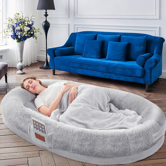 Trelsanopaws Human Dog Bed for Adults - Giant Beanbag with Blanket, Washable Faux Fur & Removable Memory Foam (180 x 122 x 25 cm, Grey)