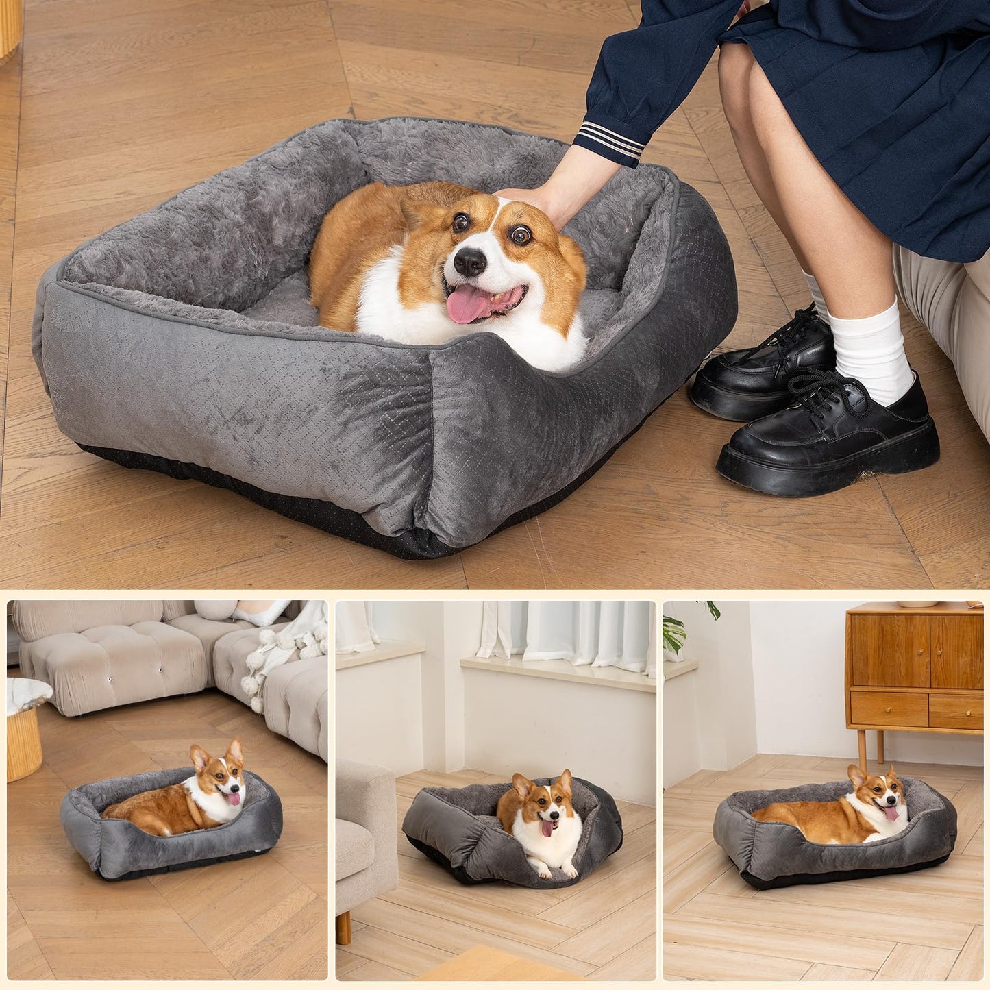 Trelsanopaws Medium Dog Bed - Super Soft Washable Pet Bed with Anti-Slip Bottom & Anti-Anxiety Feature (25 x 21 x 8 inch, Grey)