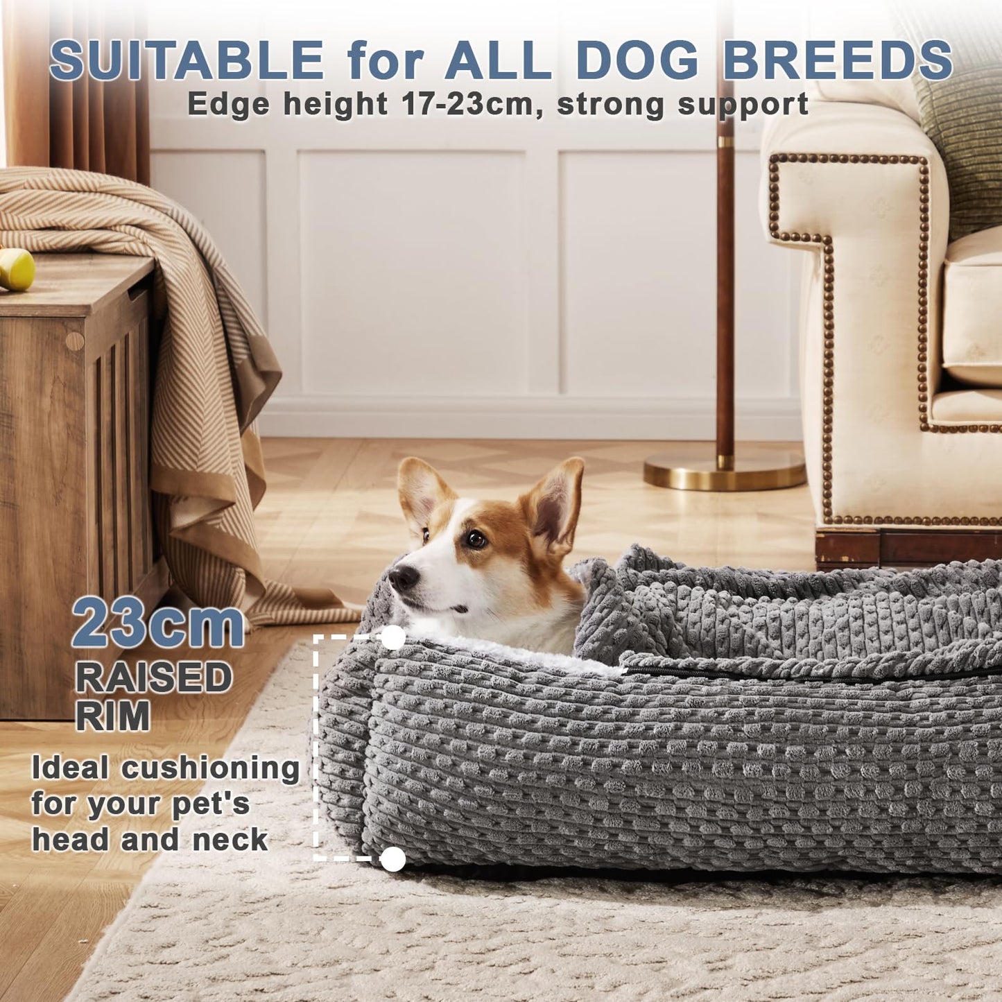 Trelsanopaws Extra Large Dog Bed - Hooded Pet Cave with Soft Rose Fluff, Non-Skid Bottom (90 x 65 x 23 cm, Grey)