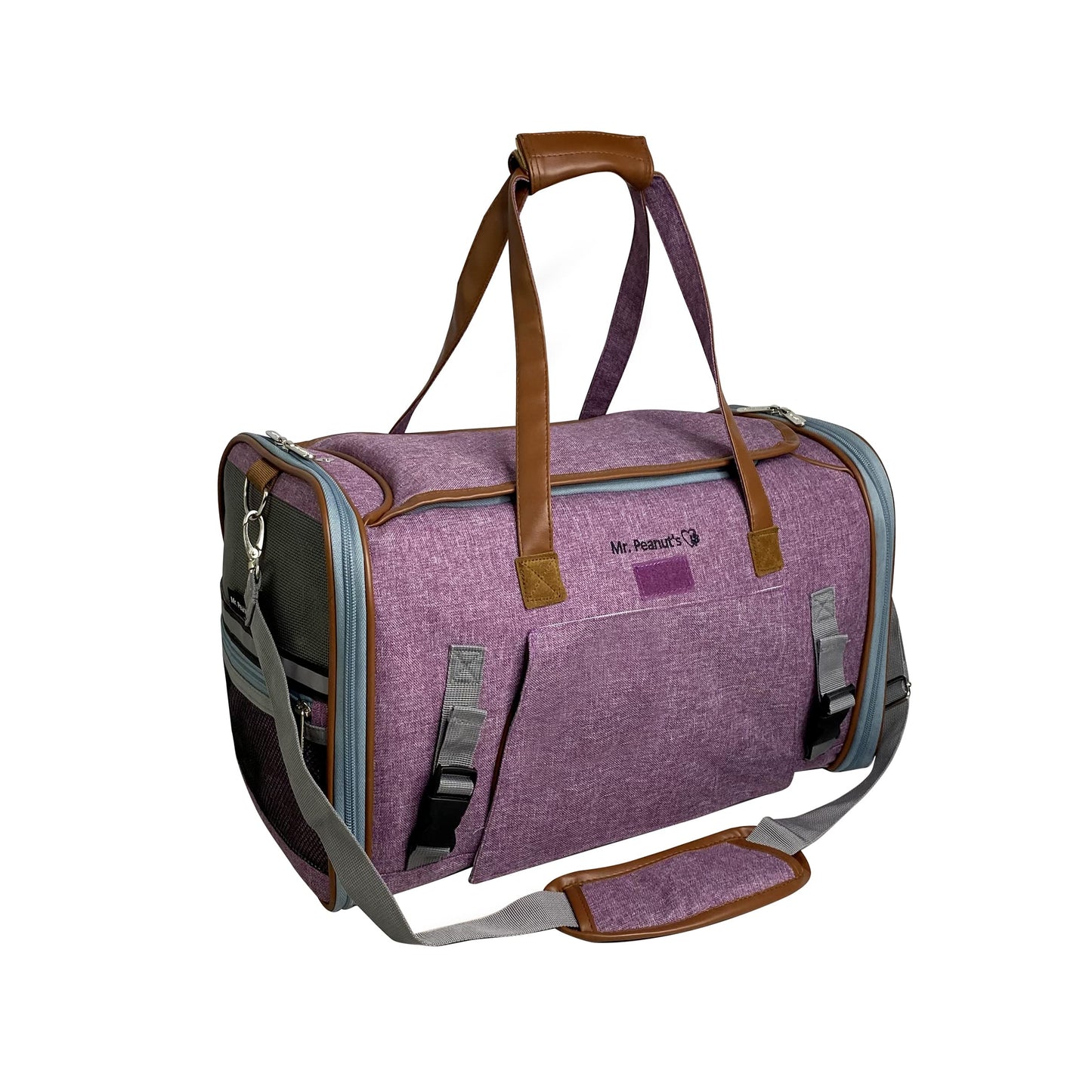 Mr. Peanut's Gold Series Mini Expandable Airline Approved Soft Sided Pet Carrier, Premium Brand Self Locking Zippers, Plush Faux Fleece Bedding with a Sturdy Plywood Base (Purple)