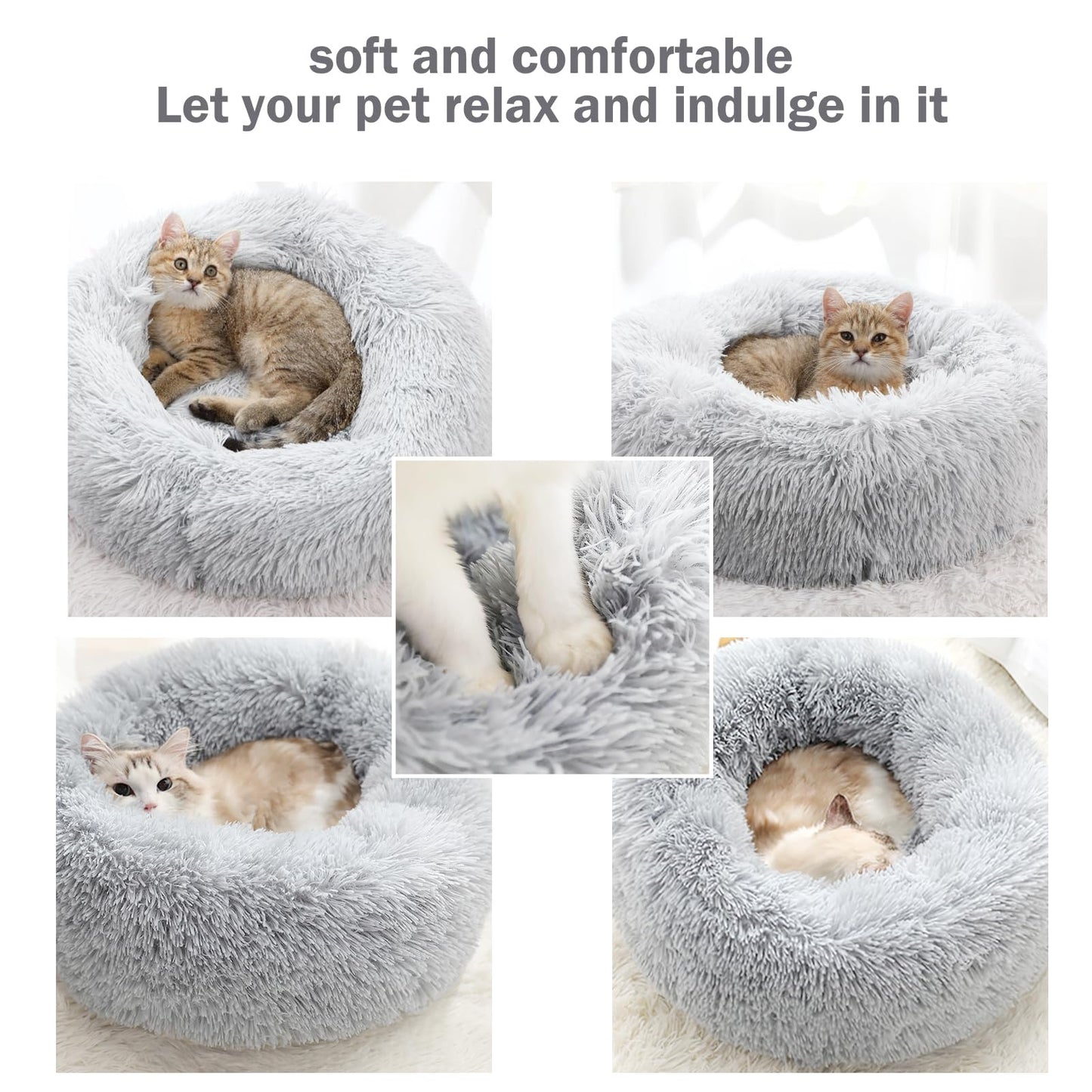 Trelsanopaws Calming Donut Bed - Fluffy Plush Pet Bed for Dogs & Cats, Anti-Anxiety with Non-Slip Bottom, Washable (M-50 cm, Grey)