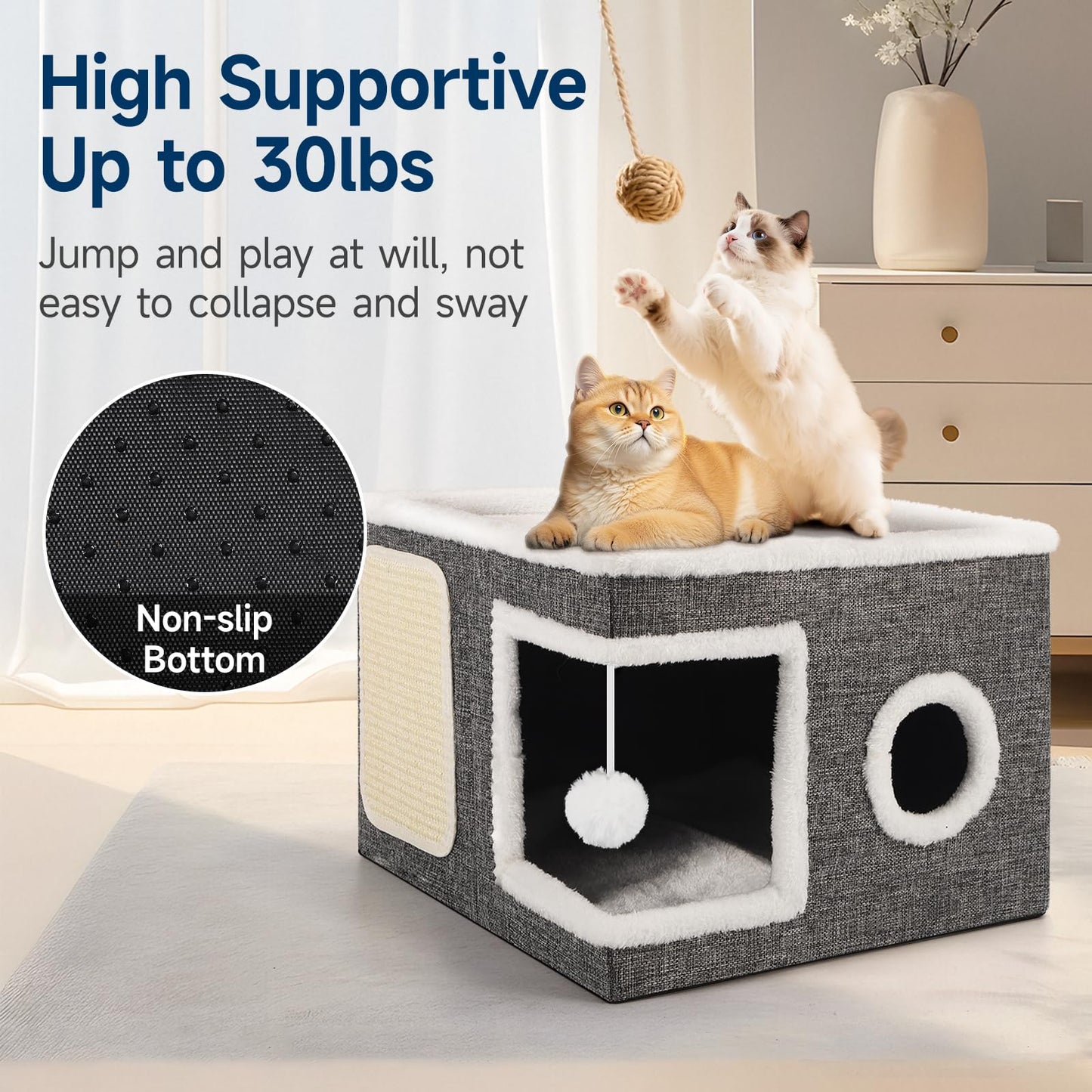 Shikha Cat House for Indoor Pets, 2 Layer Large Cat Cave with Scratch Board and Fluffy Ball, 43L x 43B x 32H cm, Foldable Large Cat-Bed, Kitten Hideaway With Double-Sided Soft Cushions for All Seasons