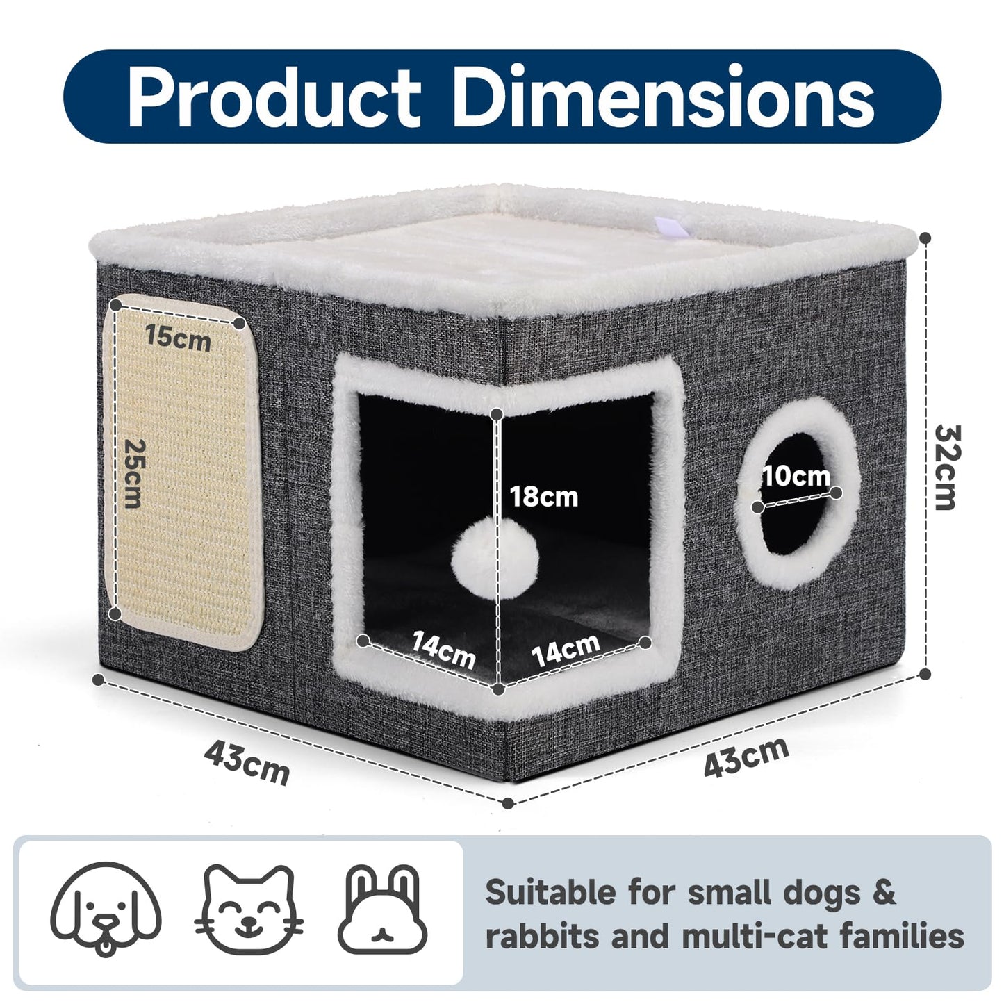 Shikha Cat House for Indoor Pets, 2 Layer Large Cat Cave with Scratch Board and Fluffy Ball, 43L x 43B x 32H cm, Foldable Large Cat-Bed, Kitten Hideaway With Double-Sided Soft Cushions for All Seasons