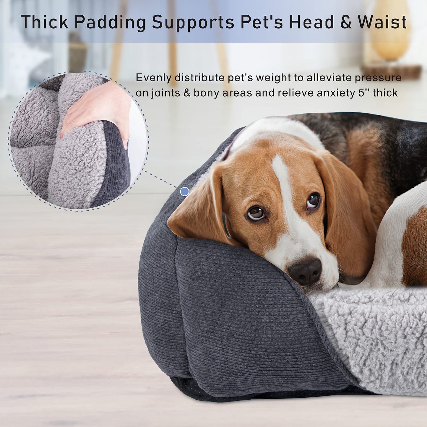 Trelsanopaws Large Dog Bed - Super Soft Wool Fleece Sofa Bed with Striped Corduroy Design (76 x 61 x 23 cm)