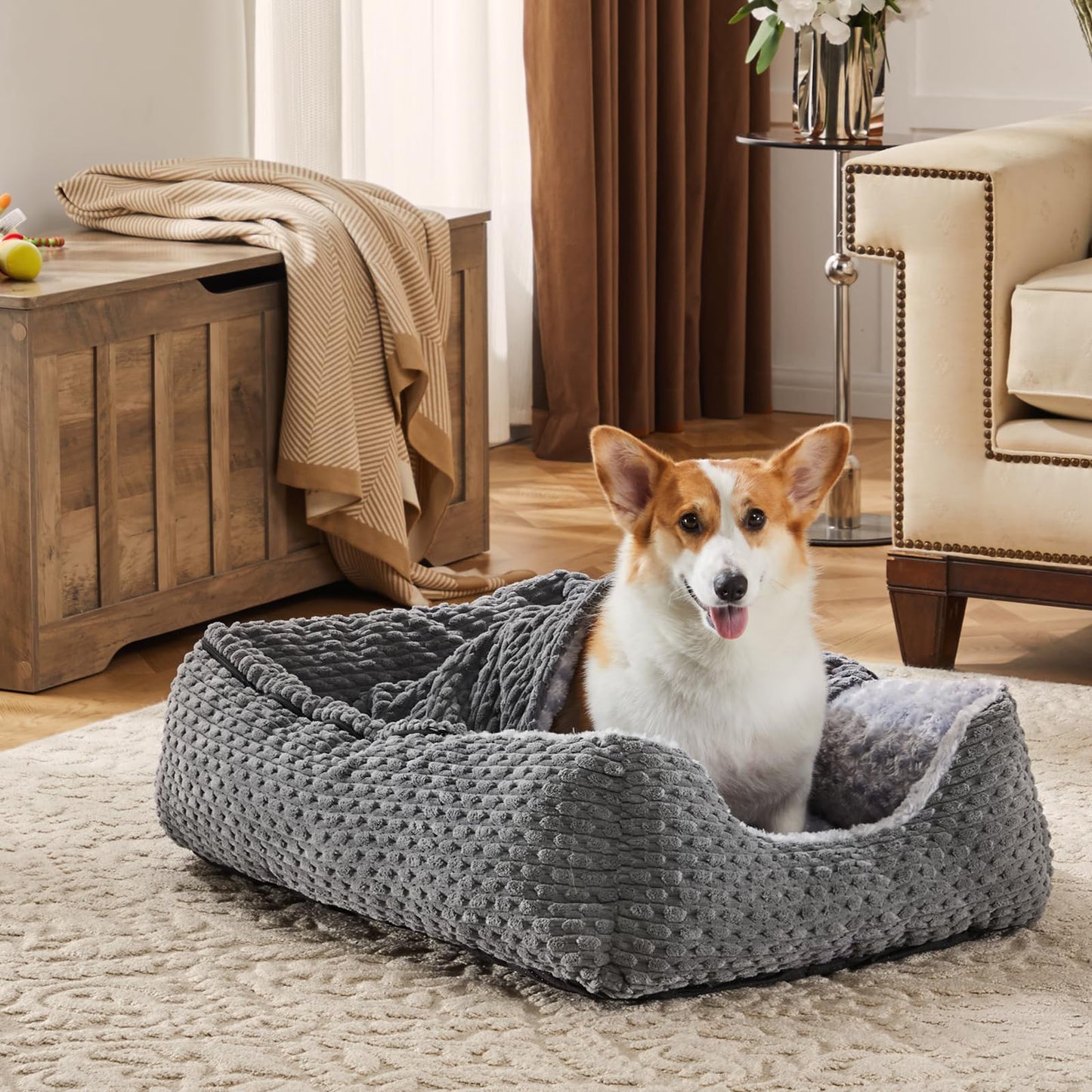 Trelsanopaws Extra Large Dog Bed - Hooded Pet Cave with Soft Rose Fluff, Non-Skid Bottom (90 x 65 x 23 cm, Grey)