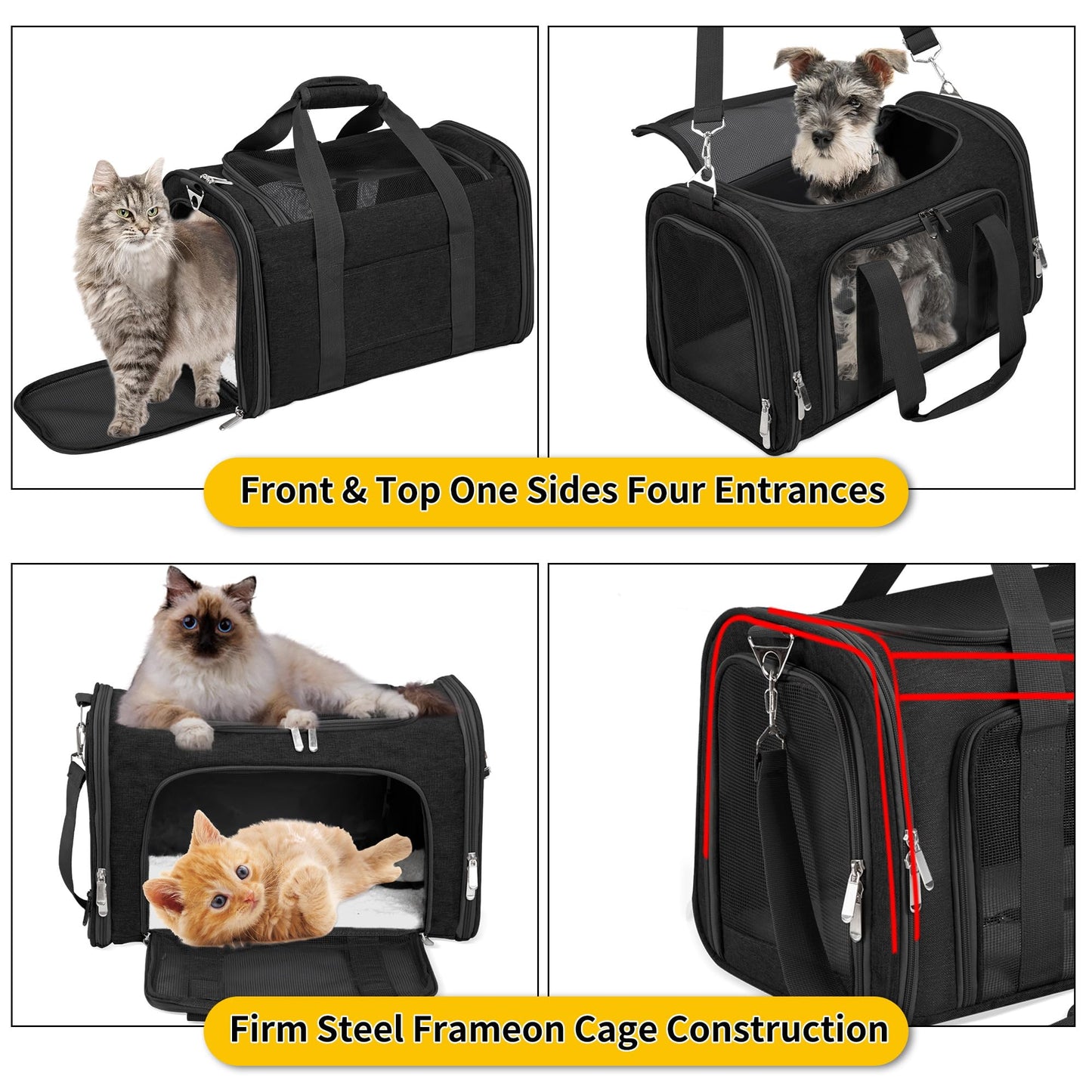 Soft Sided Cat/Pet/Dog Carrier Bag,Portable Foldable Pets Travel Carriers For Cats/Dogs With Shoulder Strap & Removable Mat,Durable Puppy Basket of 16 lbs Airline Approved - Black