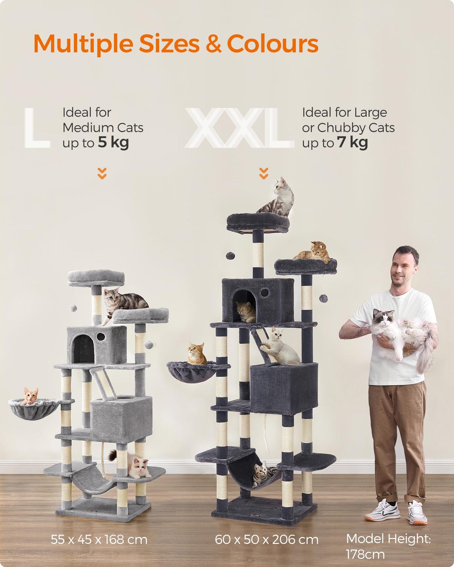 Trelsanopaws Large Cat Tree - 206 cm Tower with 13 Scratching Posts, Perches, Caves & Hammock (Light Grey)