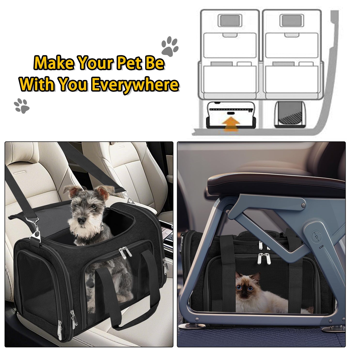 Soft Sided Cat/Pet/Dog Carrier Bag,Portable Foldable Pets Travel Carriers For Cats/Dogs With Shoulder Strap & Removable Mat,Durable Puppy Basket of 16 lbs Airline Approved - Black