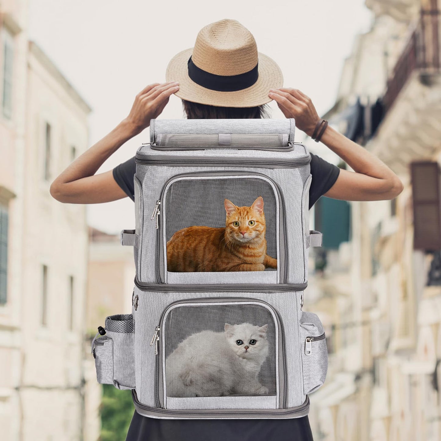 FASNATI Double-Compartment Pet Carrier Backpack, Cat Carrier Backpack for 2 Cats, Small Dogs, Perfect for Traveling/Hiking/Camping, Grey, XL