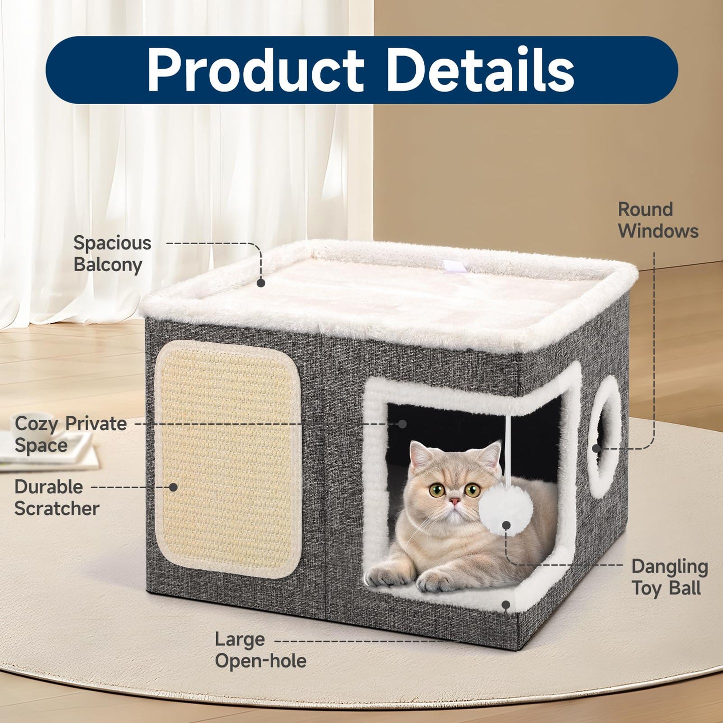 Shikha Cat House for Indoor Pets, 2 Layer Large Cat Cave with Scratch Board and Fluffy Ball, 43L x 43B x 32H cm, Foldable Large Cat-Bed, Kitten Hideaway With Double-Sided Soft Cushions for All Seasons