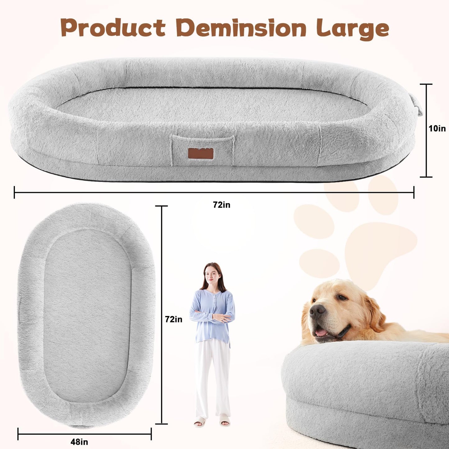 Trelsanopaws Human Dog Bed for Adults - Giant Beanbag with Blanket, Washable Faux Fur & Removable Memory Foam (180 x 122 x 25 cm, Grey)