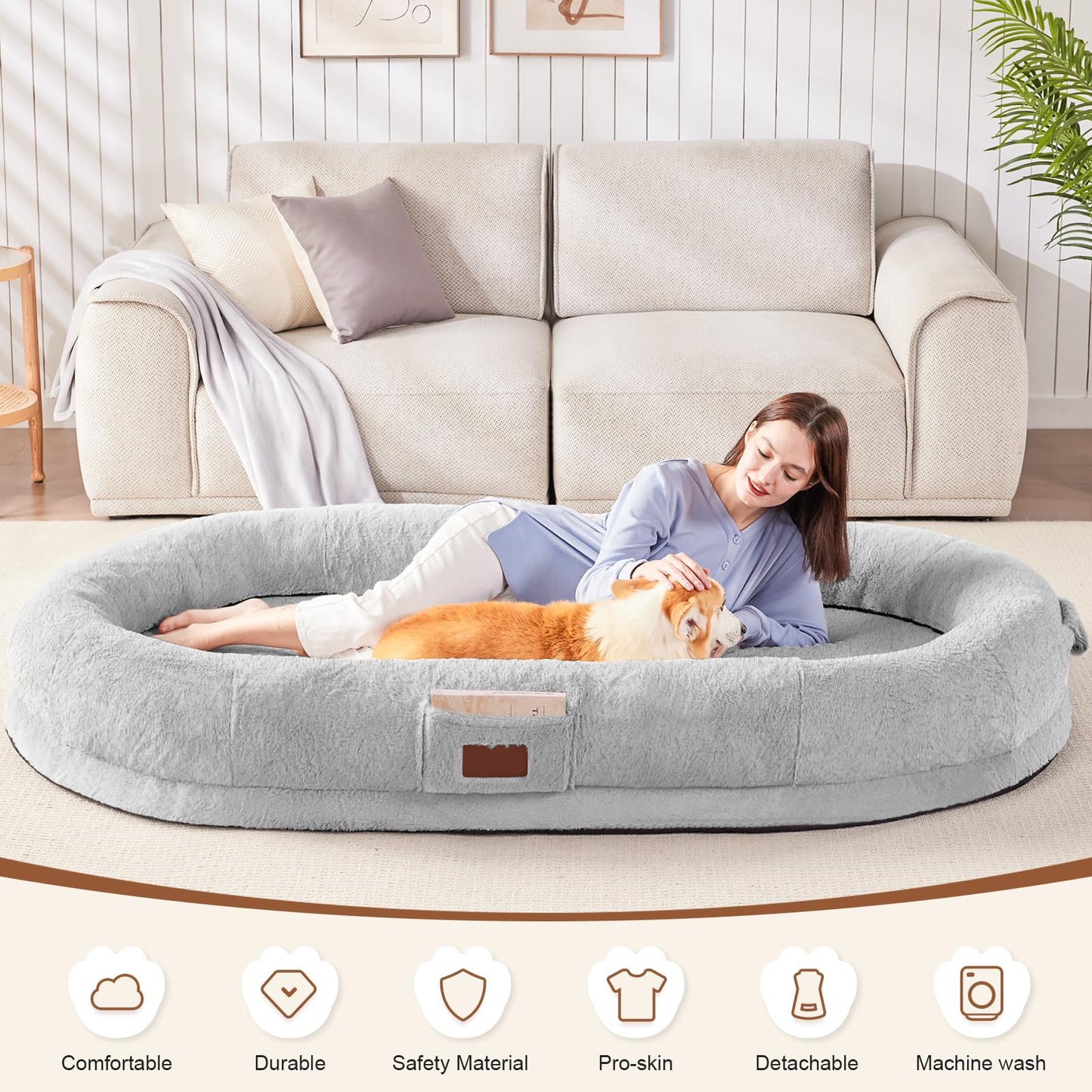 Trelsanopaws Human Dog Bed for Adults - Giant Beanbag with Blanket, Washable Faux Fur & Removable Memory Foam (180 x 122 x 25 cm, Grey)