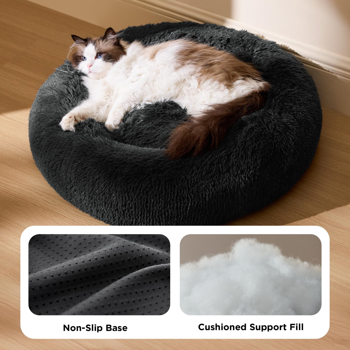 Trelsanopaws Large Cat Donut Bed - Fluffy Calming Anti-Anxiety Bed for Small Dogs & Cats (50 x 50 x 13 cm, Dark Grey)
