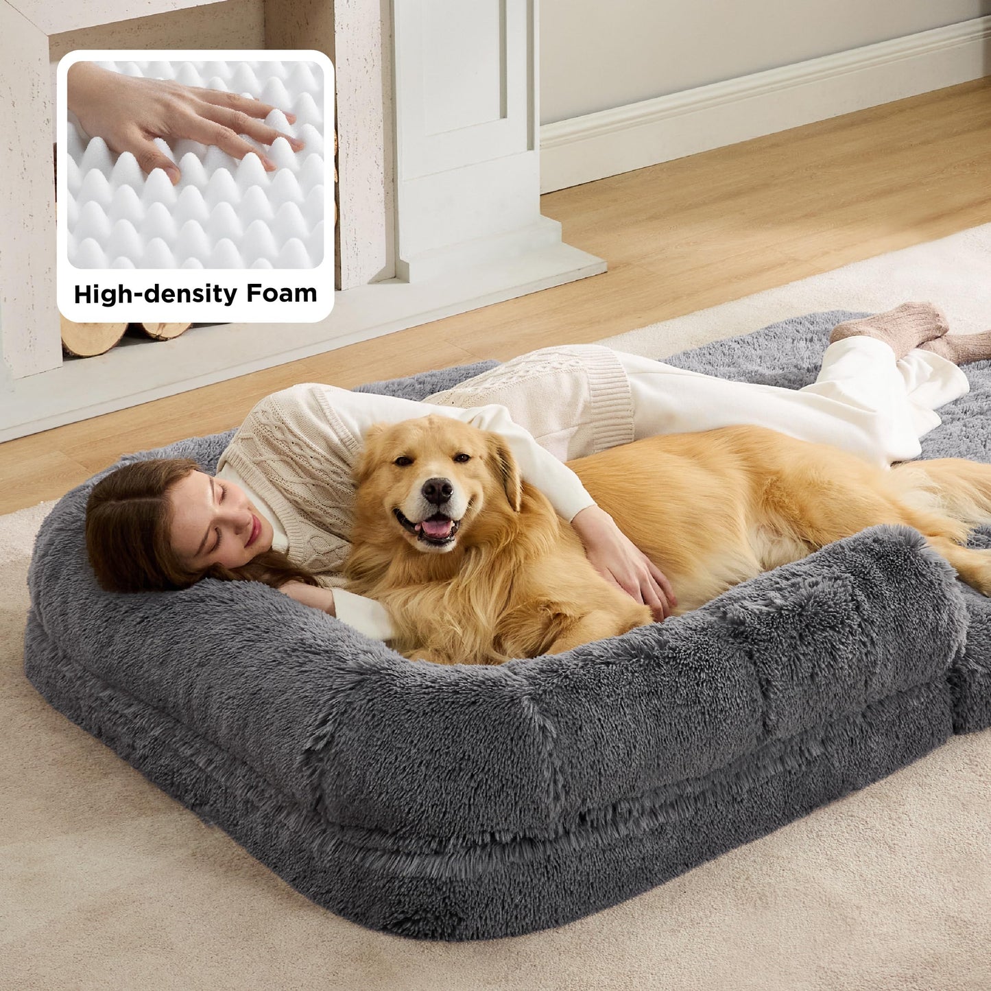 Trelsanopaws 2-in-1 Foldable Human Dog Bed - Orthopedic Faux Fur Sofa with Egg Foam & Waterproof Liner (180 x 104 cm, Dark Grey)