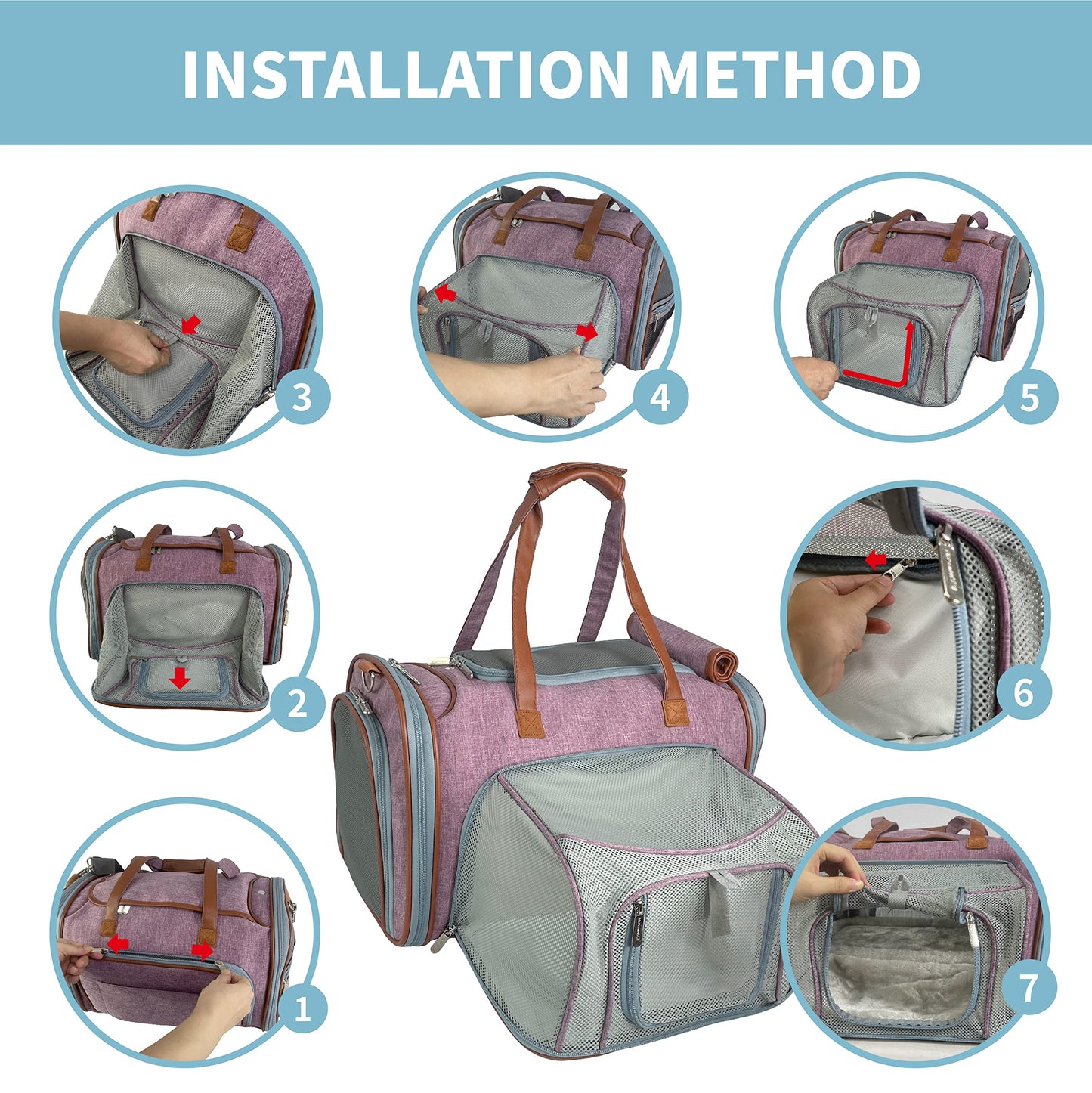 Mr. Peanut's Gold Series Mini Expandable Airline Approved Soft Sided Pet Carrier, Premium Brand Self Locking Zippers, Plush Faux Fleece Bedding with a Sturdy Plywood Base (Purple)