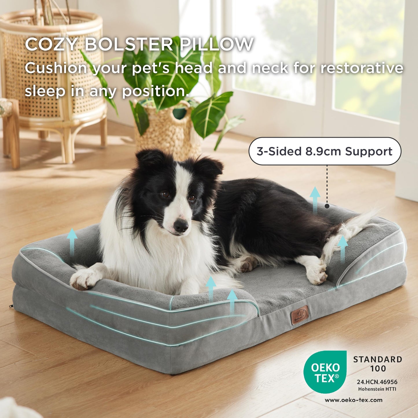 Trelsanopaws Large Dog Bed Sofa - Washable Orthopedic Bed with Removable Flannel Cover & U-Shape Bolster (89 x 63 x 16 cm, Grey)