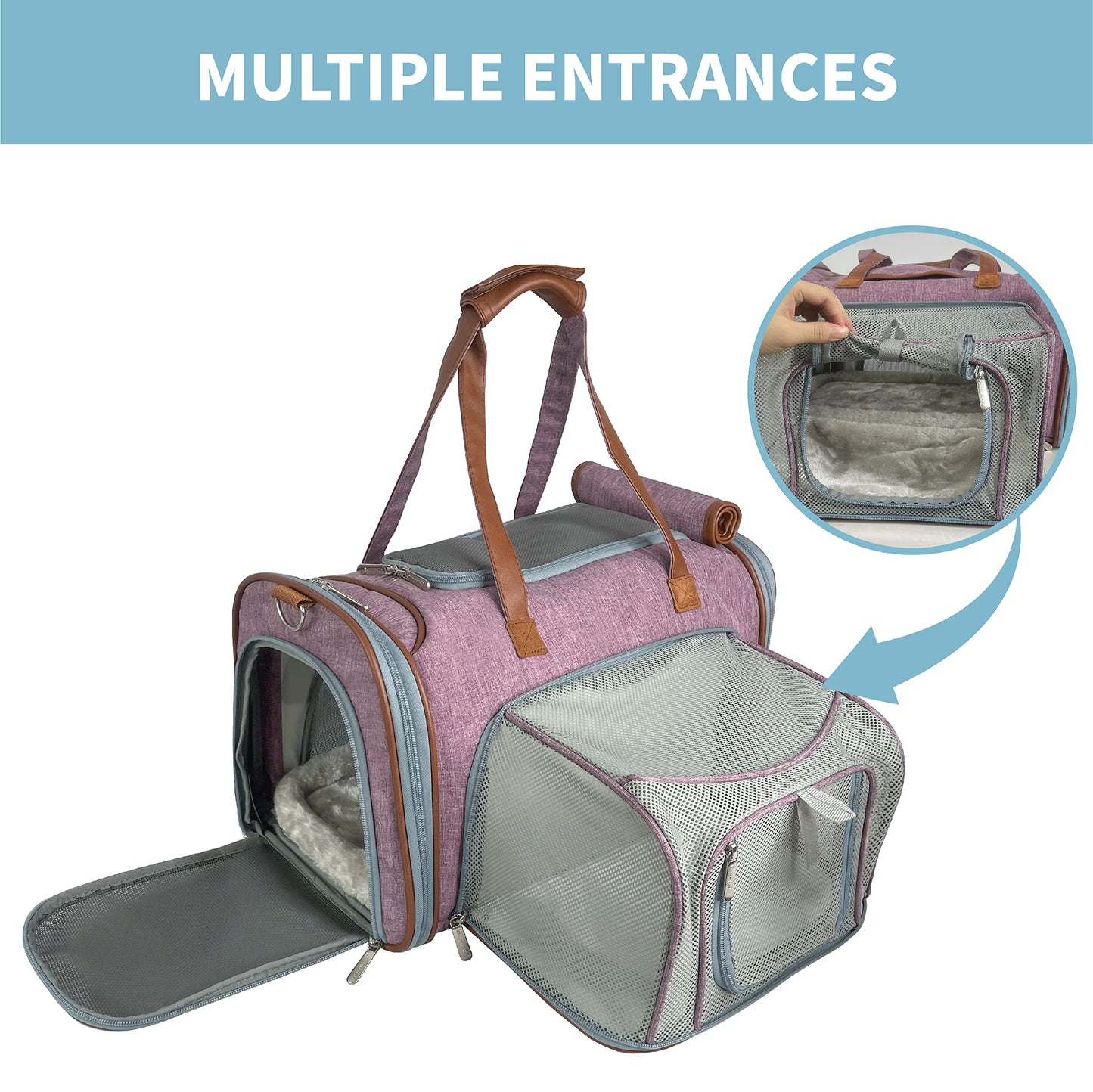 Mr. Peanut's Gold Series Mini Expandable Airline Approved Soft Sided Pet Carrier, Premium Brand Self Locking Zippers, Plush Faux Fleece Bedding with a Sturdy Plywood Base (Purple)