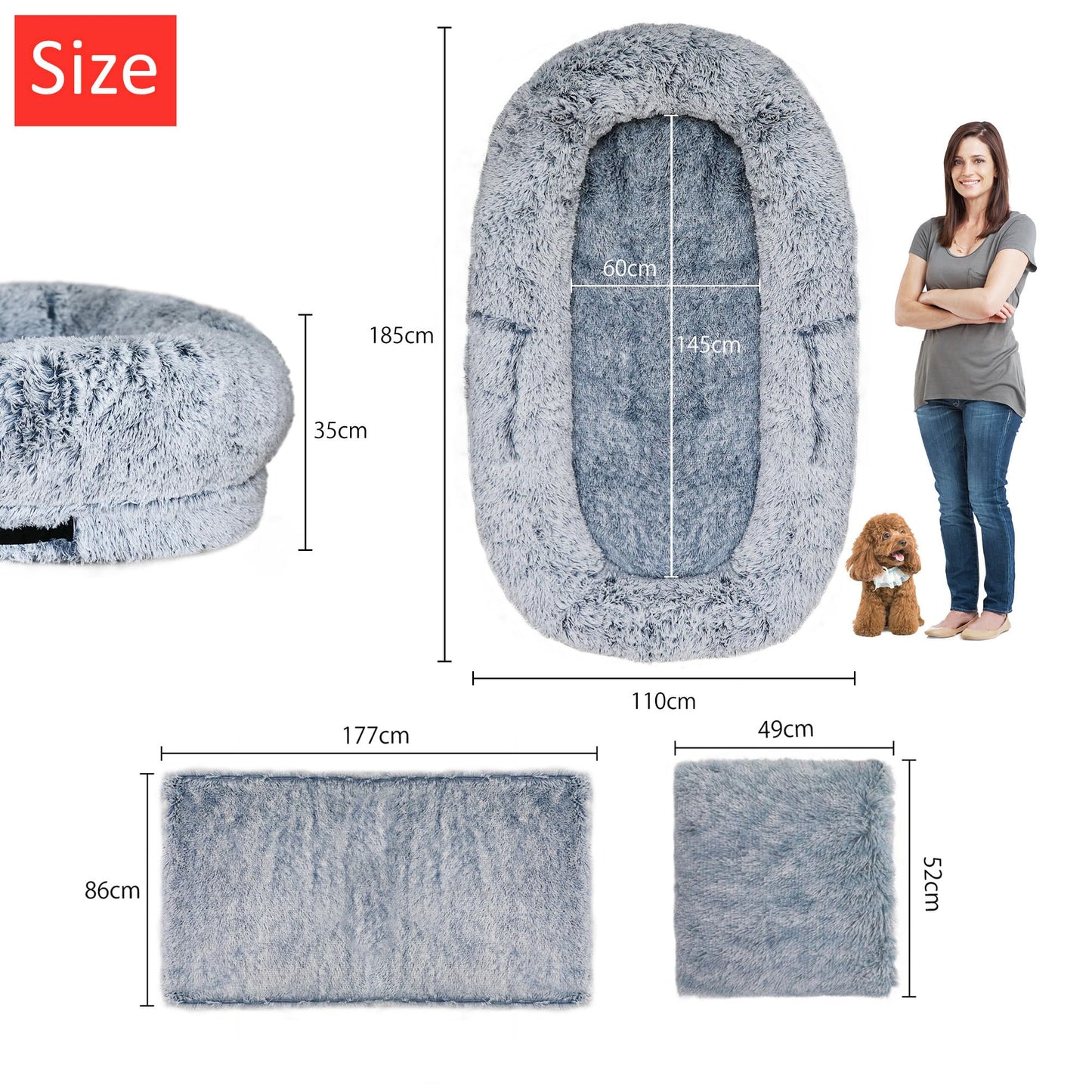 Trelsanopaws Human Sized Dog Bed XXL - Extra Large Bed for Adults & Pets with Removable Cover (185 x 110 x 35 cm)
