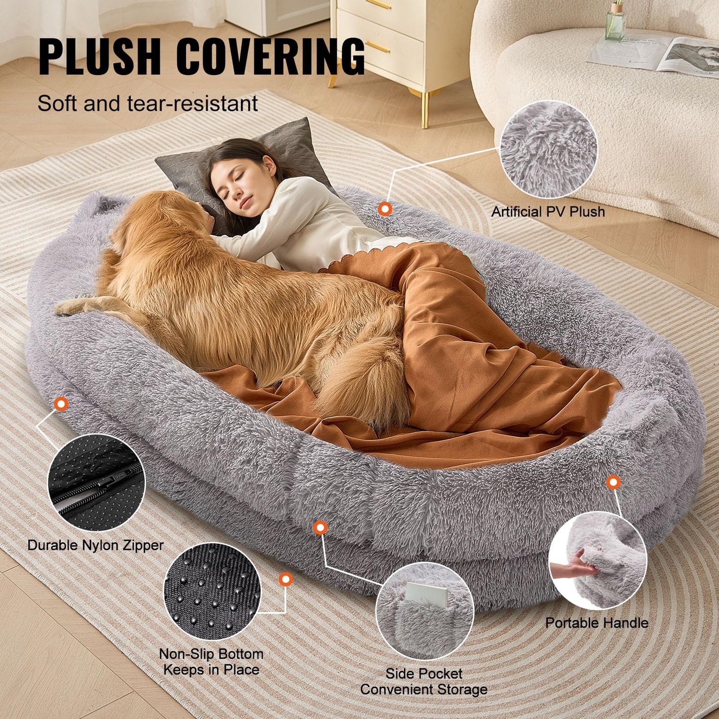 Trelsanopaws Human Dog Bed - Washable Velvet Cover with Orthopedic Foam & Storage Pocket (72" x 48" x 10", Light Grey)
