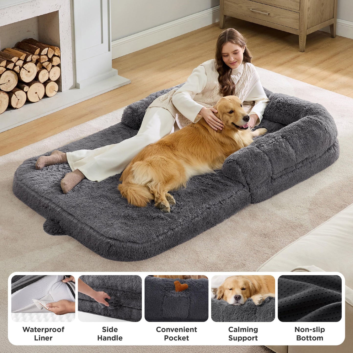 Trelsanopaws 2-in-1 Foldable Human Dog Bed - Orthopedic Faux Fur Sofa with Egg Foam & Waterproof Liner (180 x 104 cm, Dark Grey)