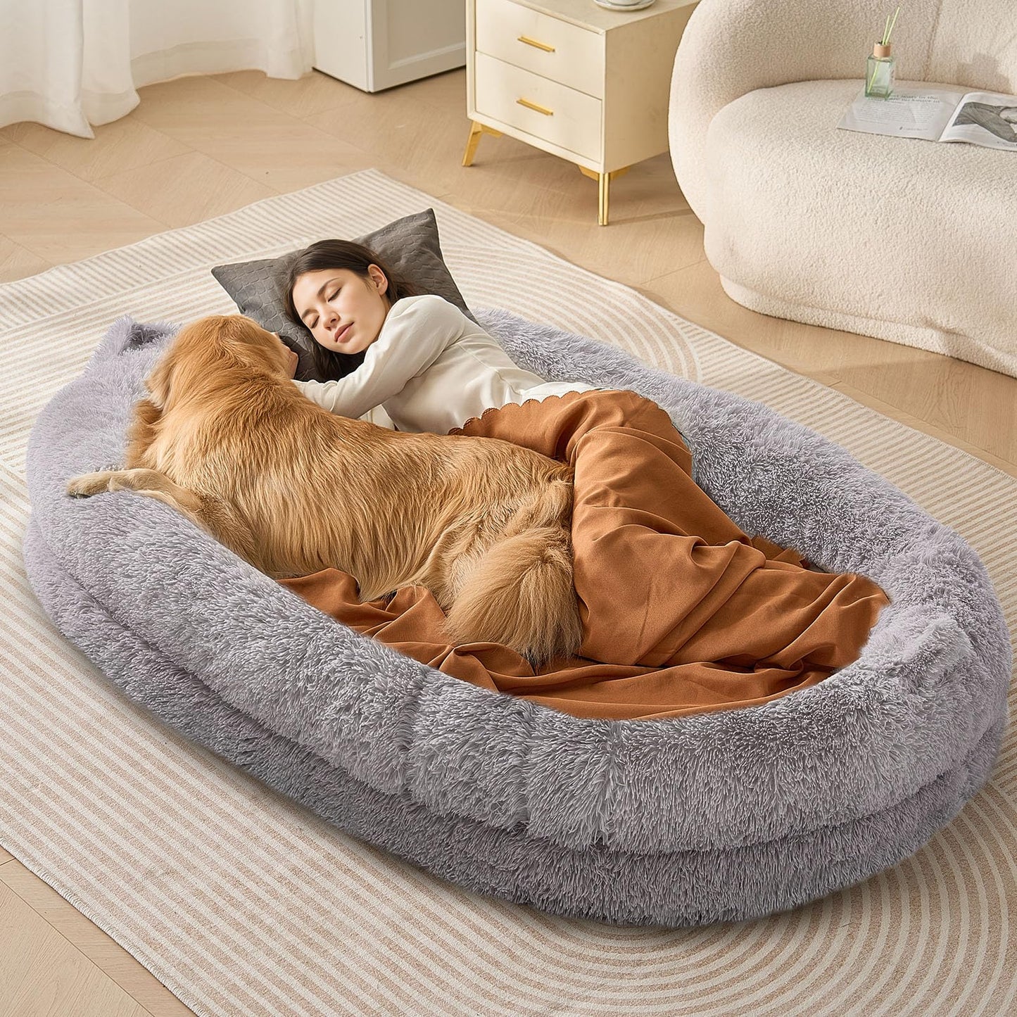 Trelsanopaws Human Dog Bed - Washable Velvet Cover with Orthopedic Foam & Storage Pocket (72" x 48" x 10", Light Grey)