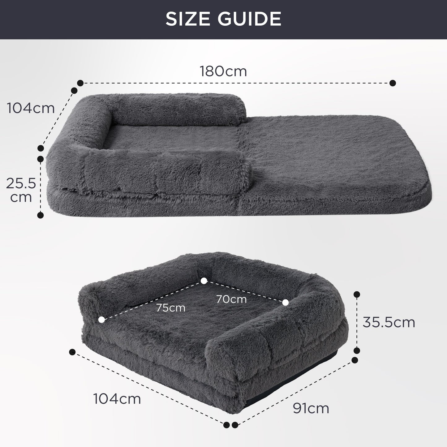 Trelsanopaws 2-in-1 Foldable Human Dog Bed - Orthopedic Faux Fur Sofa with Egg Foam & Waterproof Liner (180 x 104 cm, Dark Grey)