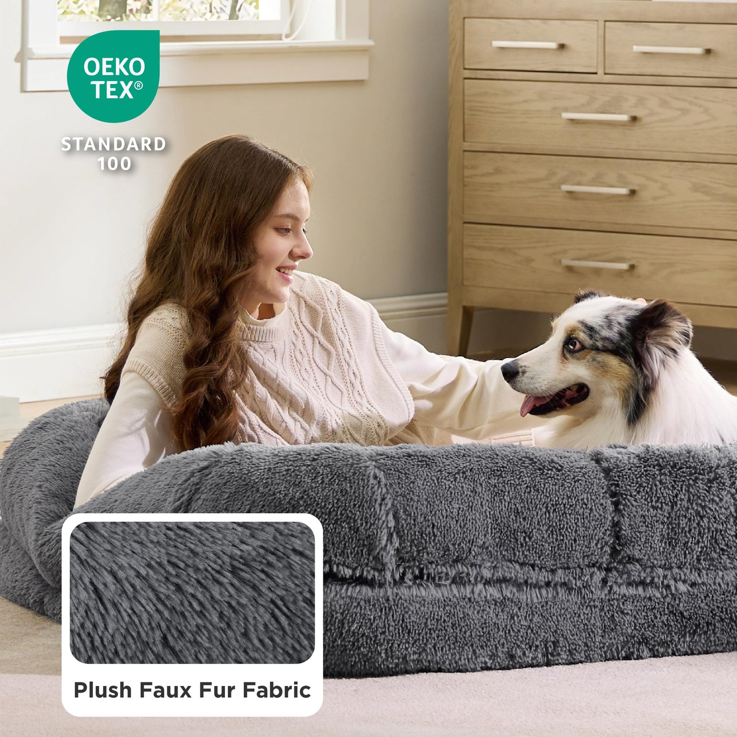 Trelsanopaws 2-in-1 Foldable Human Dog Bed - Orthopedic Faux Fur Sofa with Egg Foam & Waterproof Liner (180 x 104 cm, Dark Grey)