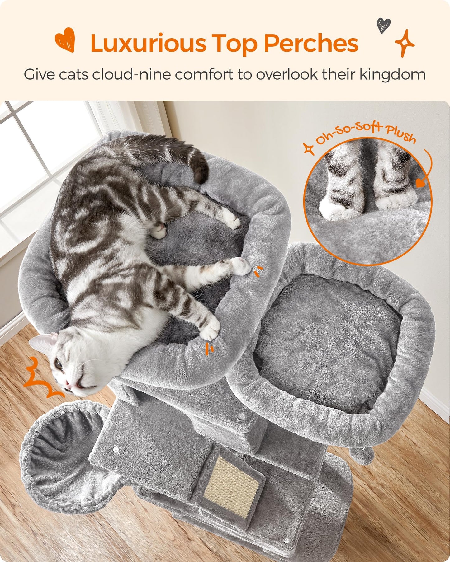 Trelsanopaws Large Cat Tree - 206 cm Tower with 13 Scratching Posts, Perches, Caves & Hammock (Light Grey)