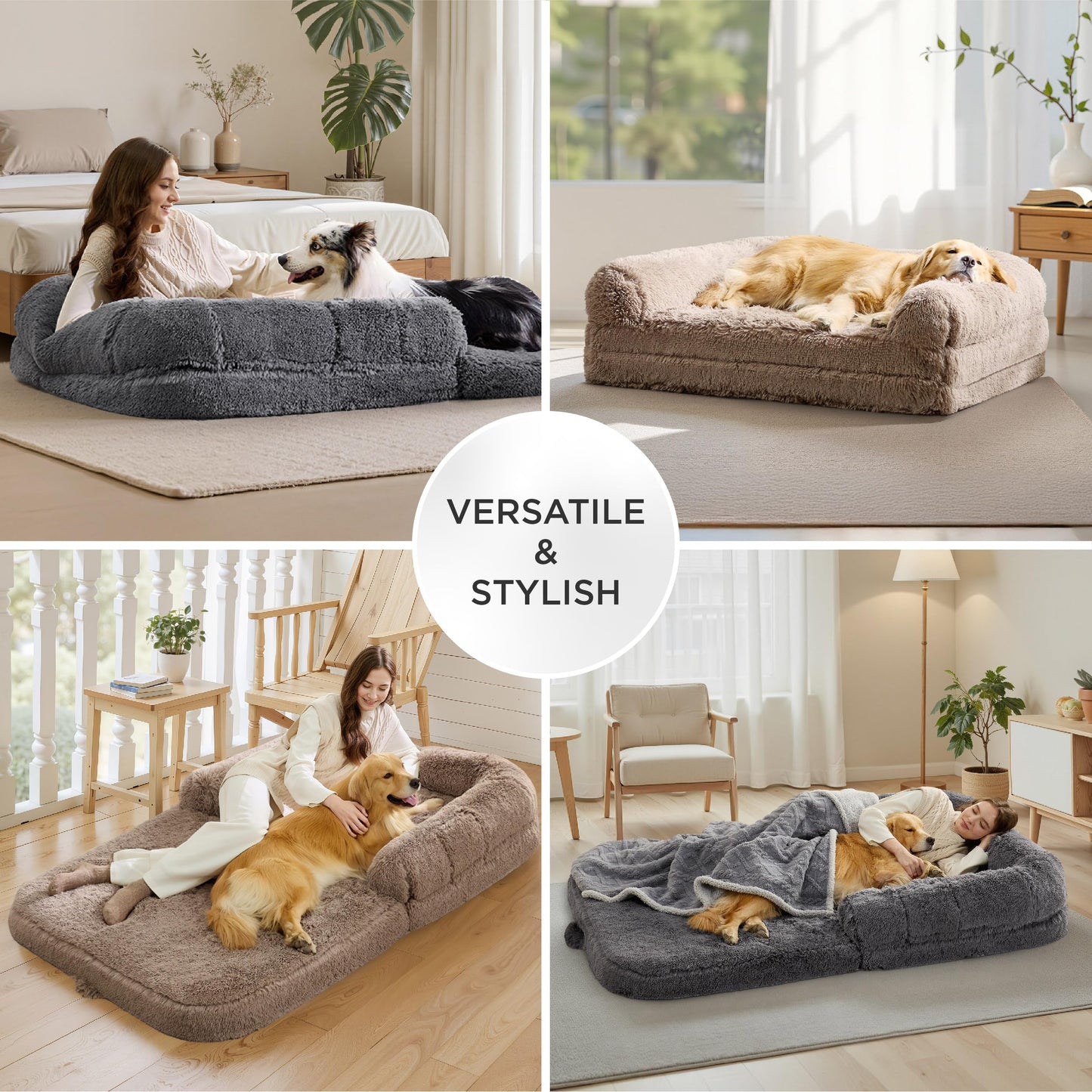 Trelsanopaws 2-in-1 Foldable Human Dog Bed - Orthopedic Faux Fur Sofa with Egg Foam & Waterproof Liner (180 x 104 cm, Dark Grey)
