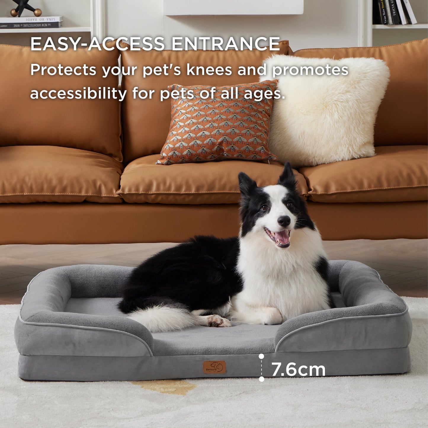 Trelsanopaws Large Dog Bed Sofa - Washable Orthopedic Bed with Removable Flannel Cover & U-Shape Bolster (89 x 63 x 16 cm, Grey)