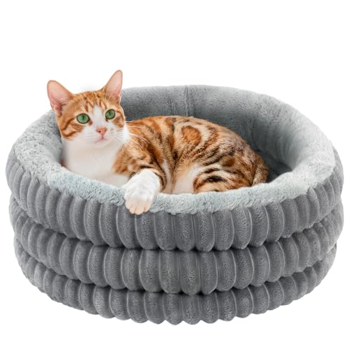 TECHTAIL Cat Bed, 20’’ Round Donut Fluffy Cat Beds for Indoor Cats and Small Dogs, Washable Deep Sleep Calming Pet Bed Kitten Bed