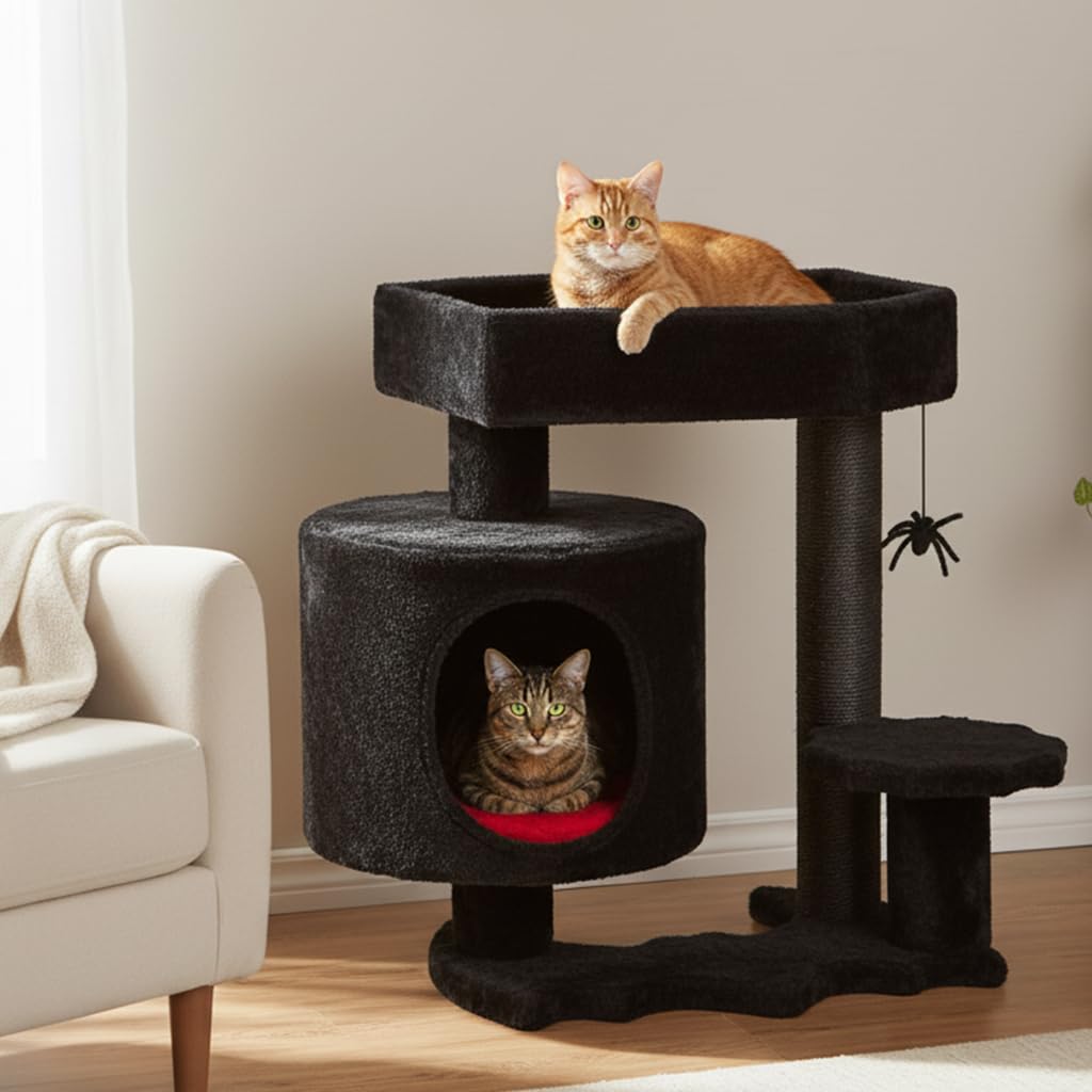 BEWISHOME Gothic Cat Tree With Coffin Bed, Goth Tower, Condo, Scratching Post, Spider Hanging Ball - Black Red Halloween Kitten Pet Furniture MMJ93R