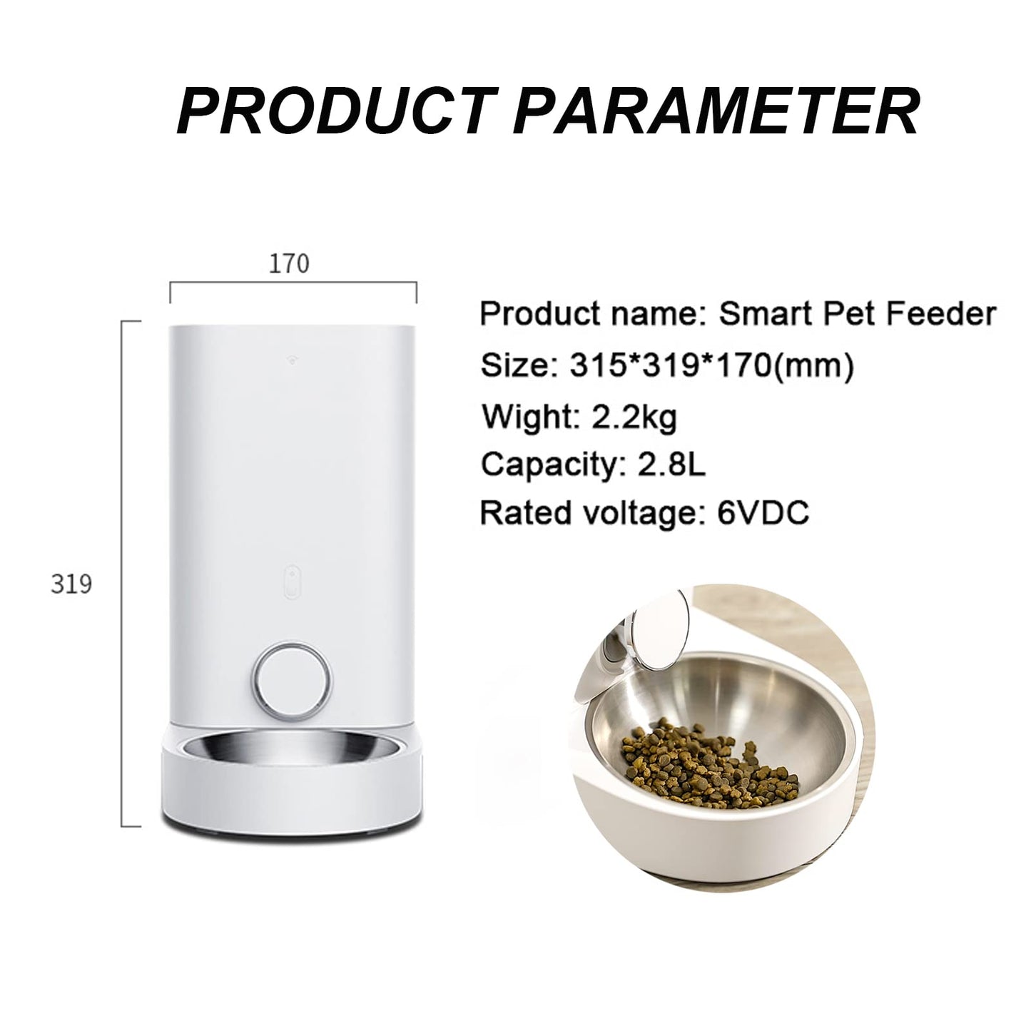 Automatic Cat Dog Feeder App Control, Auto Dog Food Dispenser with Portion Control, Cat Dry Food Dispenser with Magnet Adsorption Stainless Steel Bowl for Small Medium Cats and Dogs,White