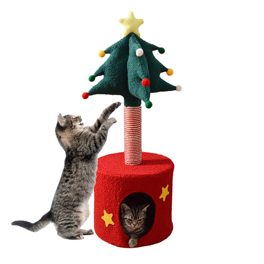 Christmas Tree Cat Tower, Indoor Christmas Scratching Posts Tree Toy, Soft Kitten Bed Play Post for Indoor Outdoor Halloween Birthday Pet Home Play Kitten