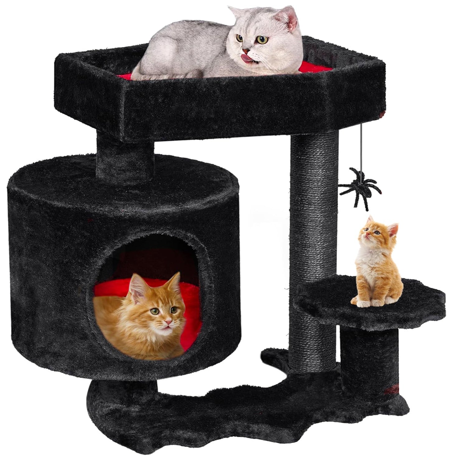 BEWISHOME Gothic Cat Tree With Coffin Bed, Goth Tower, Condo, Scratching Post, Spider Hanging Ball - Black Red Halloween Kitten Pet Furniture MMJ93R