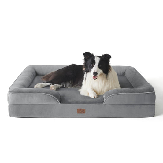 Trelsanopaws Large Dog Bed Sofa - Washable Orthopedic Bed with Removable Flannel Cover & U-Shape Bolster (89 x 63 x 16 cm, Grey)