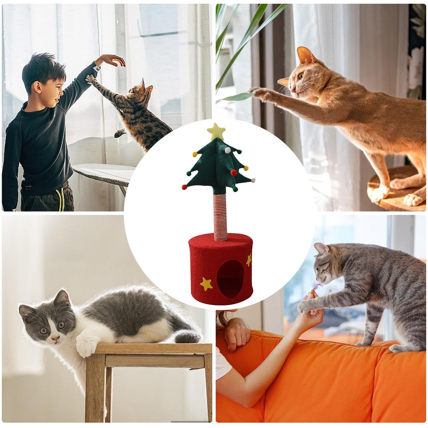 Christmas Tree Cat Tower, Indoor Christmas Scratching Posts Tree Toy, Soft Kitten Bed Play Post for Indoor Outdoor Halloween Birthday Pet Home Play Kitten