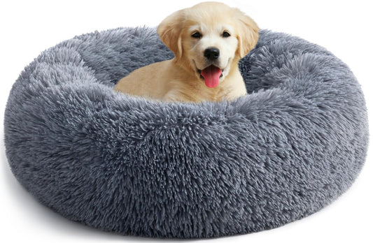 Trelsanopaws Calming Donut Dog Bed - Fluffy Anti-Anxiety Washable Bed for Small & Medium Dogs & Cats (60 x 60 cm, Dark Grey)