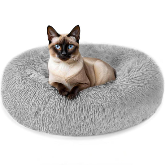 Trelsanopaws Plush Donut Cat Bed - Calming Self-Warming Round Pet Cushion with Anti-Slip Base (50 cm, Grey)