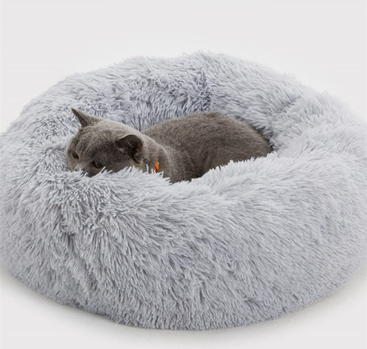 Trelsanopaws Plush Donut Dog & Cat Bed - Calming Self-Warming Fluffy Cushion, Machine Washable (50 cm, Grey)