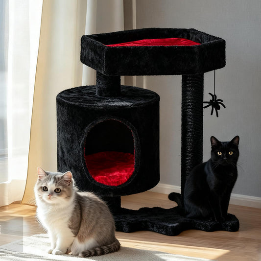 BEWISHOME Gothic Cat Tree With Coffin Bed, Goth Tower, Condo, Scratching Post, Spider Hanging Ball - Black Red Halloween Kitten Pet Furniture MMJ93R