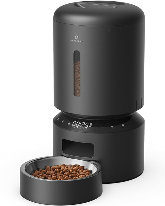 PETLIBRO Automatic Cat Feeder, Pet Food Dispenser Triple Preservation with Stainless Steel Bowl & Twist Lock Lid, up to 50 Portions 6 Meals Per Day, Granary for Small/Medium Pets (5L, Black)