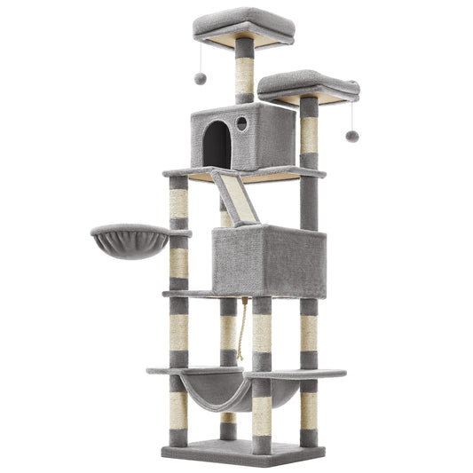 Trelsanopaws Large Cat Tree - 206 cm Tower with 13 Scratching Posts, Perches, Caves & Hammock (Light Grey)