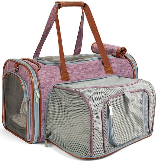 Mr. Peanut's Gold Series Mini Expandable Airline Approved Soft Sided Pet Carrier, Premium Brand Self Locking Zippers, Plush Faux Fleece Bedding with a Sturdy Plywood Base (Purple)